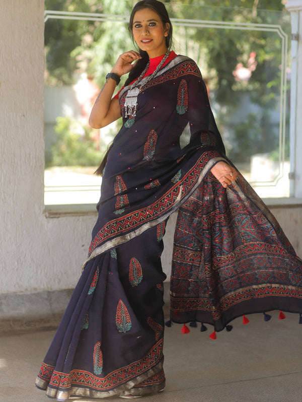 Handloom Maheshwari Silk Bagru Block Printed Mirror Work Saree-Blue