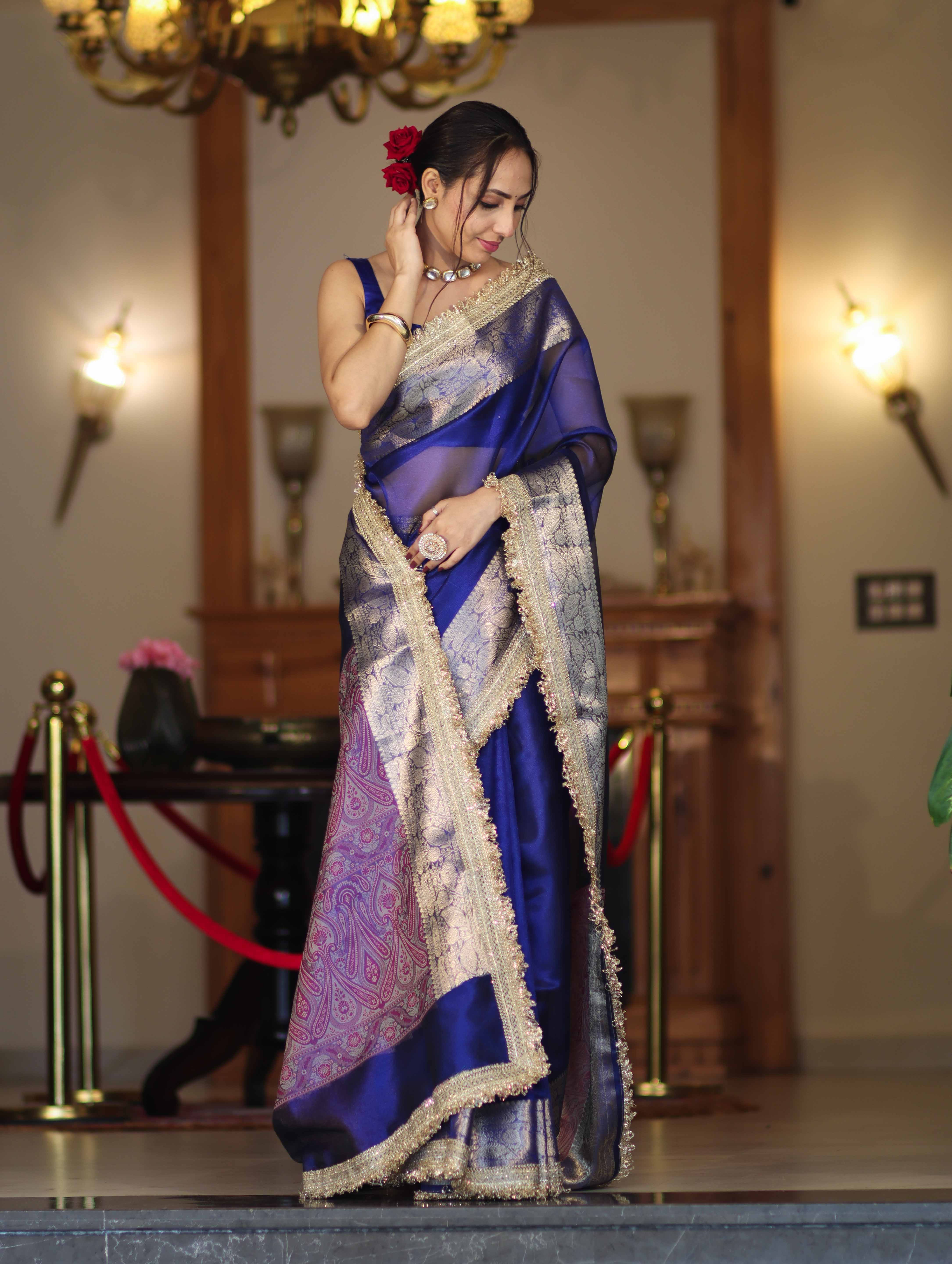 Banarasee Handloom Plain Tissue Saree With Resham Woven Pallu & Lace Border-Blue