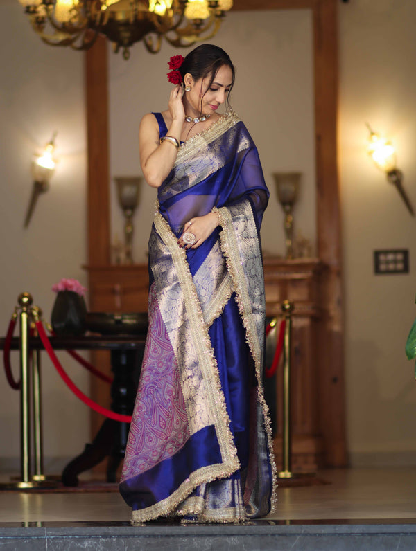 Banarasee Handloom Plain Tissue Saree With Resham Woven Pallu & Lace Border-Blue