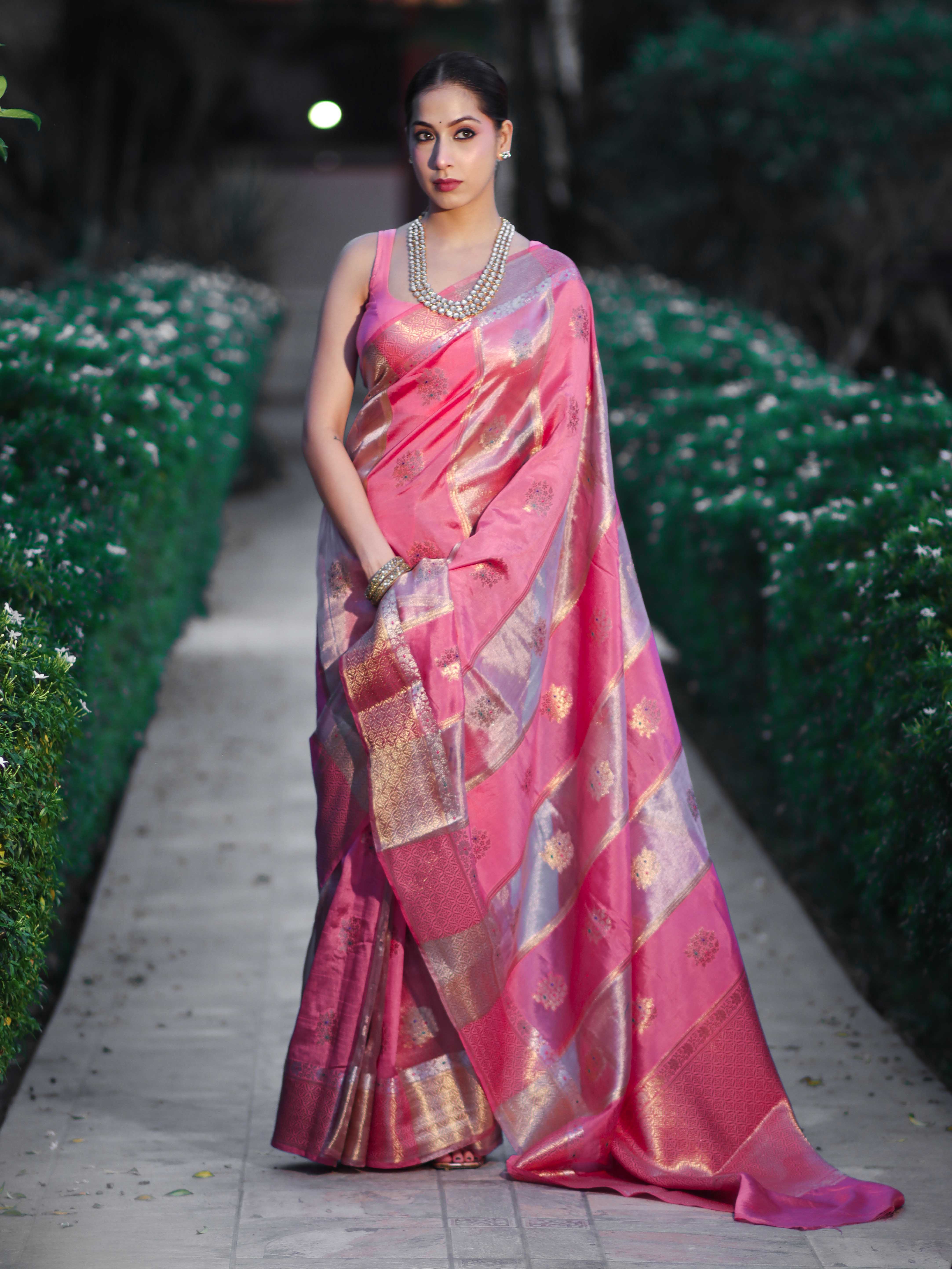 Banarasee Handloom Semi Dupion Silk Saree With Sona Rupa Zari Buti Design & Border-Light Pink