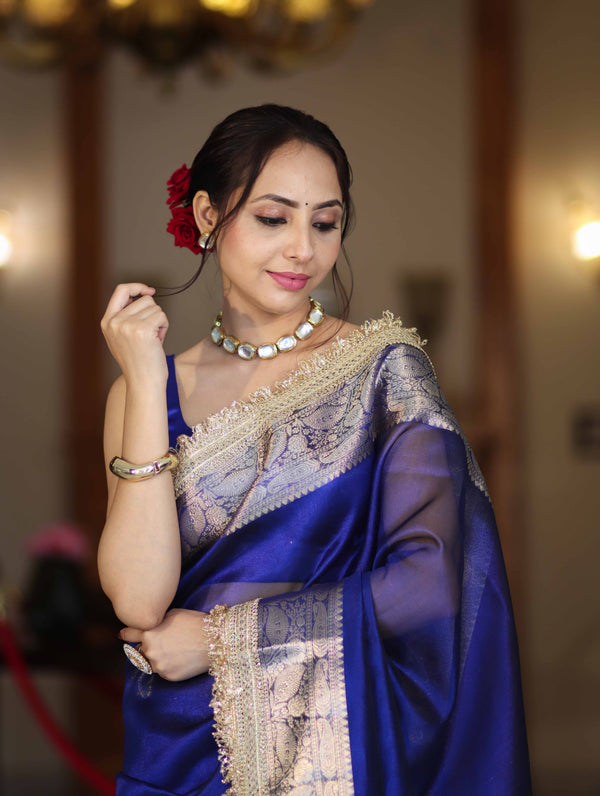 Banarasee Handloom Plain Tissue Saree With Resham Woven Pallu & Lace Border-Blue