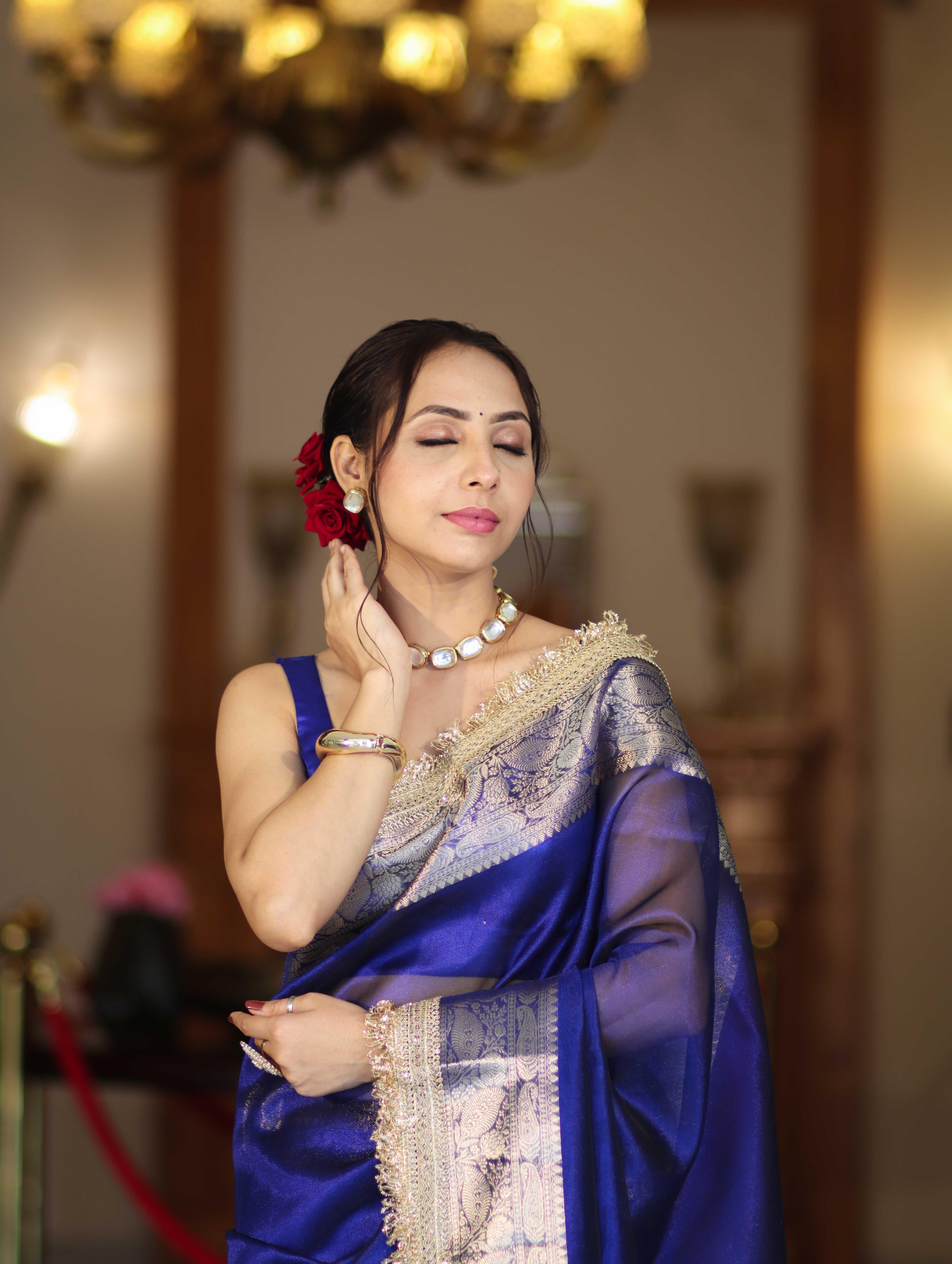 Banarasee Handloom Plain Tissue Saree With Resham Woven Pallu & Lace Border-Blue