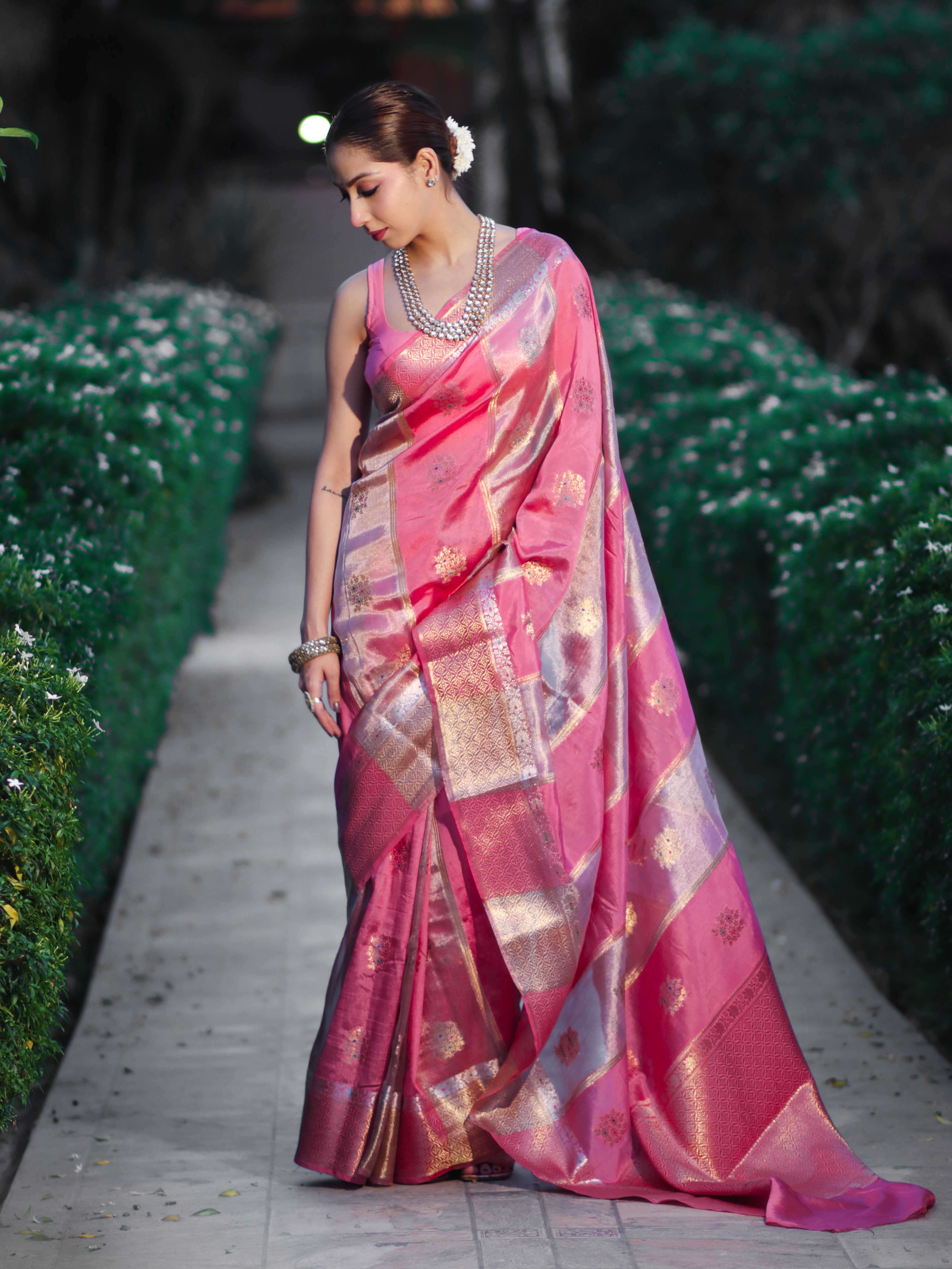Banarasee Handloom Semi Dupion Silk Saree With Sona Rupa Zari Buti Design & Border-Light Pink
