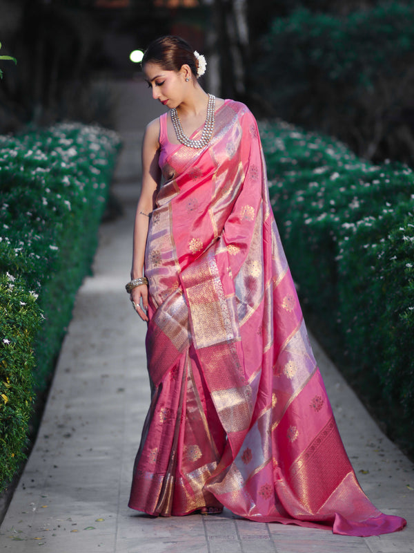 Banarasee Handloom Semi Dupion Silk Saree With Sona Rupa Zari Buti Design & Border-Light Pink