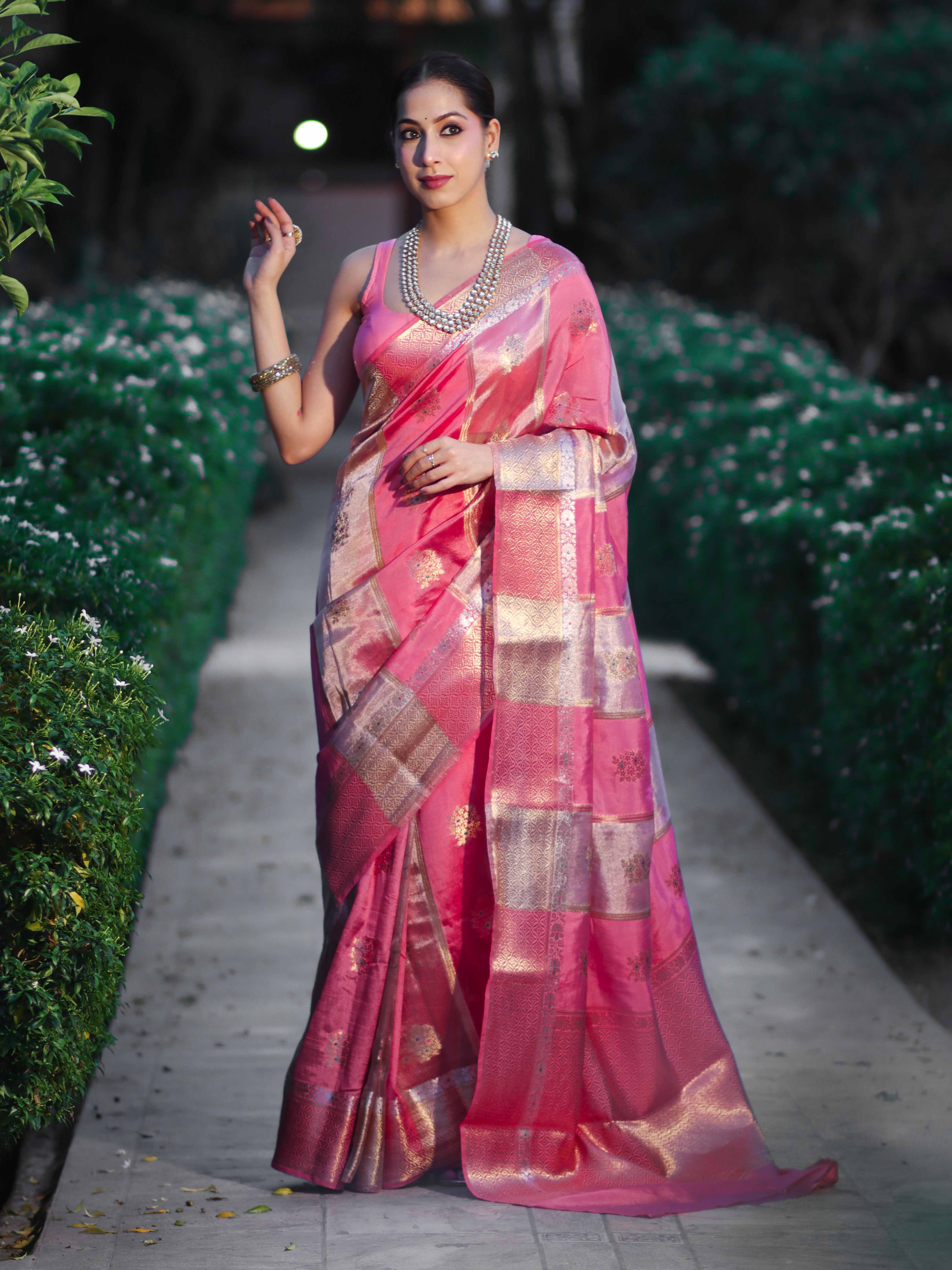 Banarasee Handloom Semi Dupion Silk Saree With Sona Rupa Zari Buti Design & Border-Light Pink