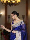 Banarasee Handloom Plain Tissue Saree With Resham Woven Pallu & Lace Border-Blue