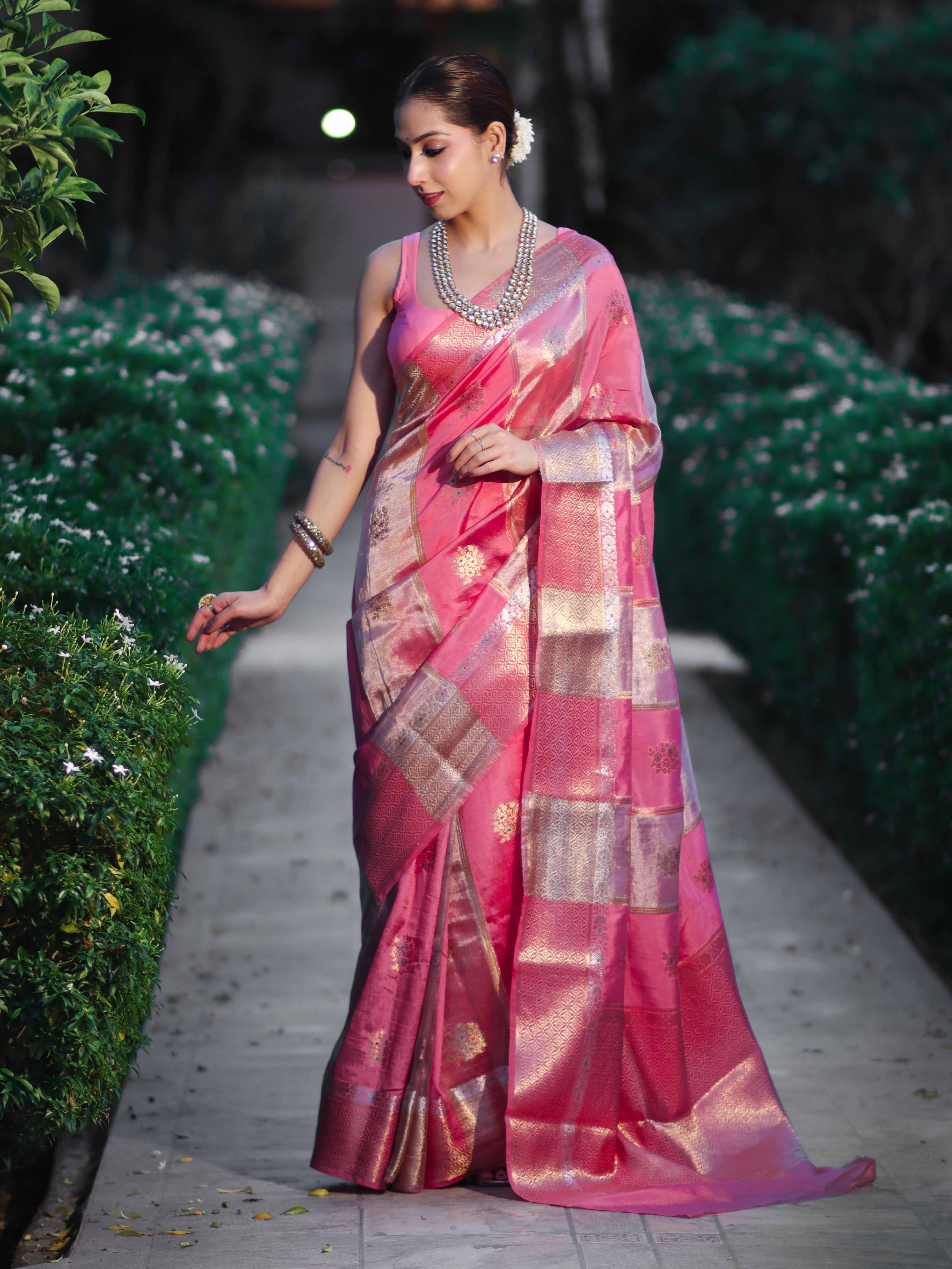 Banarasee Handloom Semi Dupion Silk Saree With Sona Rupa Zari Buti Design & Border-Light Pink
