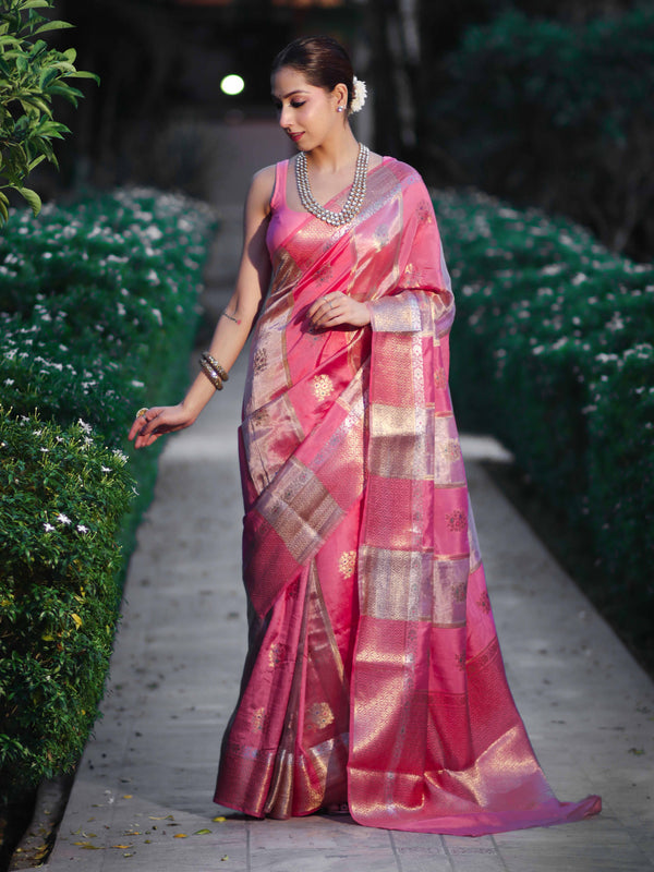 Banarasee Handloom Semi Dupion Silk Saree With Sona Rupa Zari Buti Design & Border-Light Pink