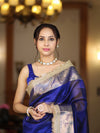 Banarasee Handloom Plain Tissue Saree With Resham Woven Pallu & Lace Border-Blue
