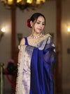 Banarasee Handloom Plain Tissue Saree With Resham Woven Pallu & Lace Border-Blue