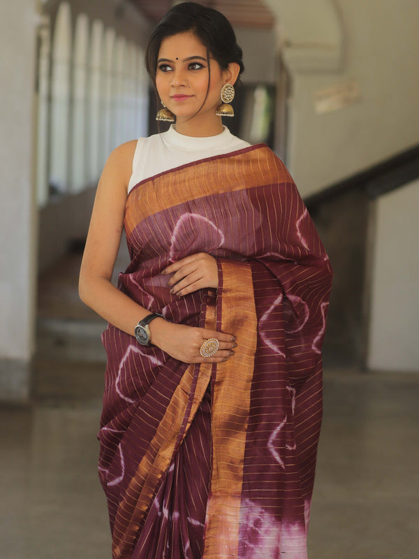 Bhagalpur Cotton Silk Ghichha Work Hand-Dyed Shibori Pattern Saree-Violet & White