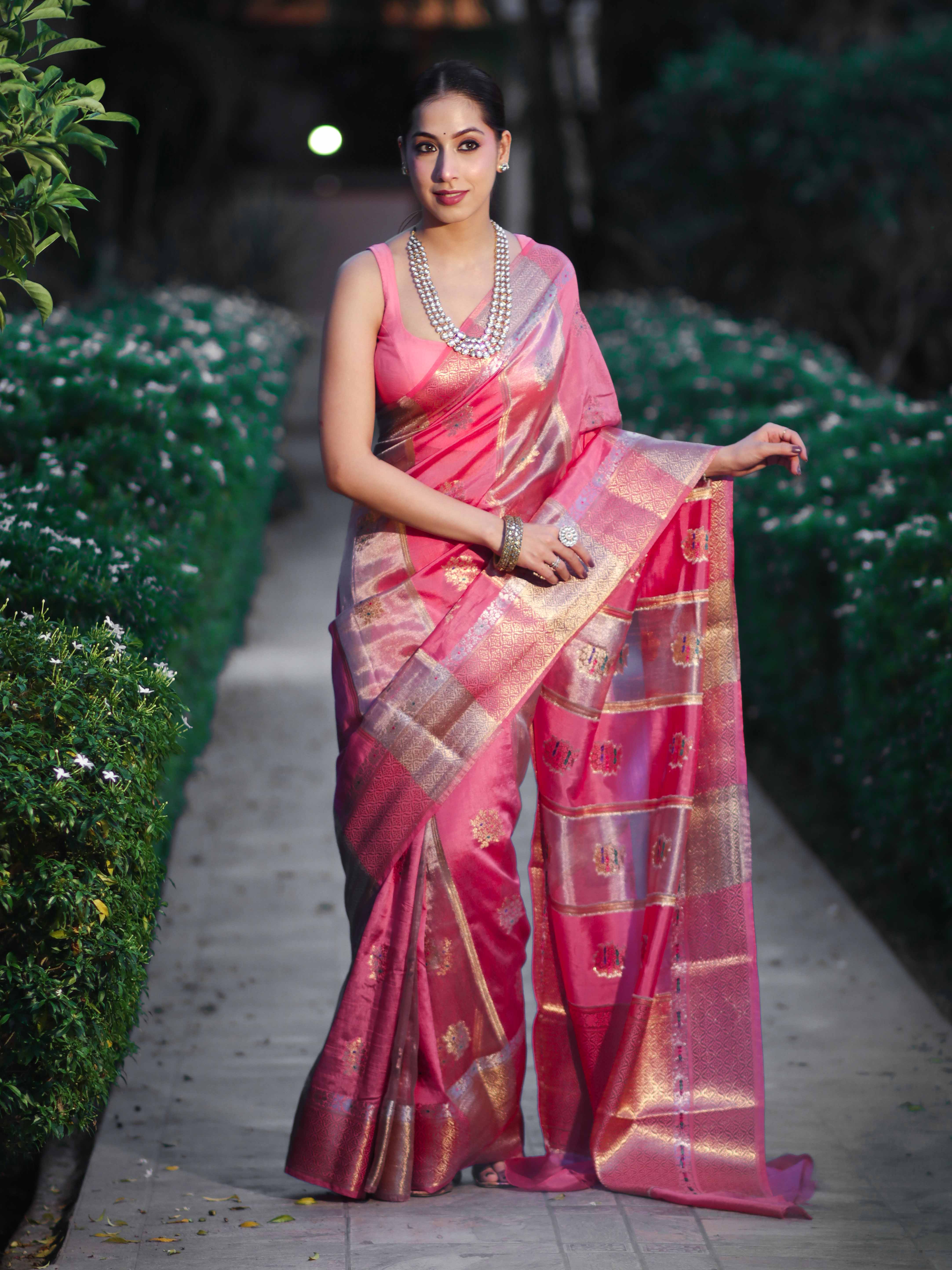 Banarasee Handloom Semi Dupion Silk Saree With Sona Rupa Zari Buti Design & Border-Light Pink
