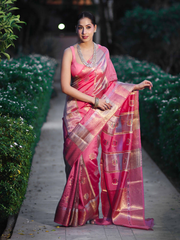 Banarasee Handloom Semi Dupion Silk Saree With Sona Rupa Zari Buti Design & Border-Light Pink
