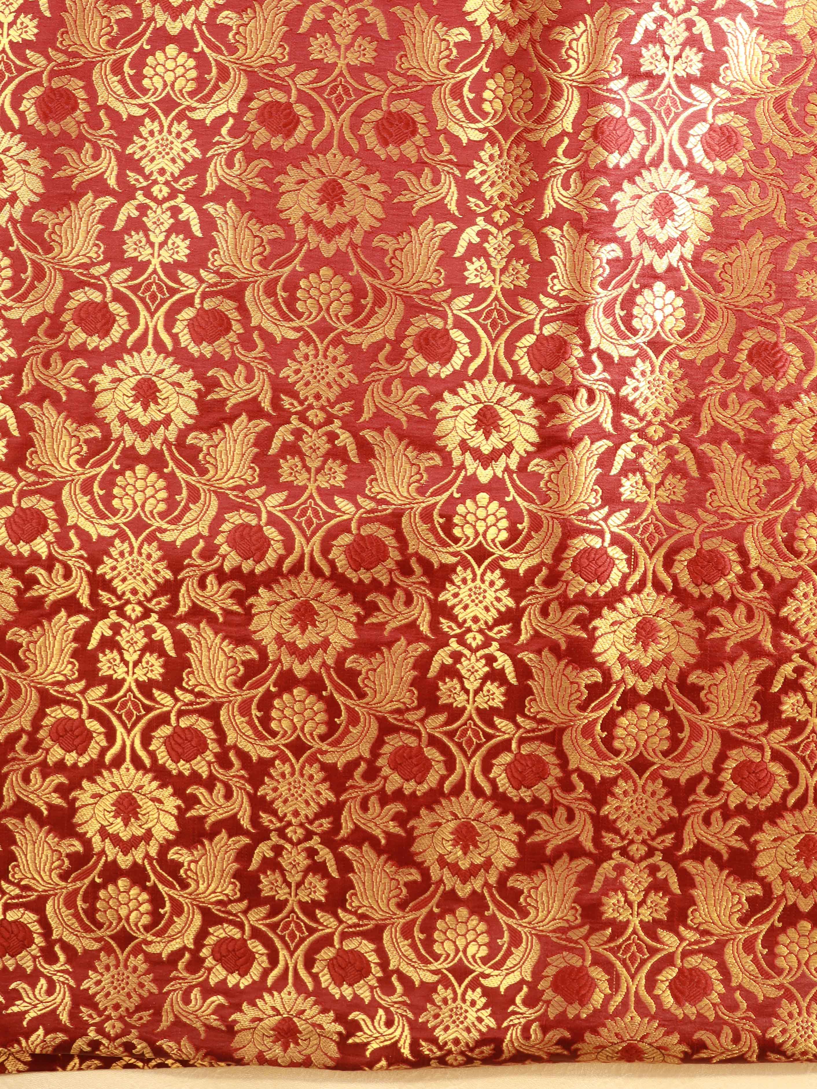 Banarasee Satin Brocade Gold Zari Jaal Design Fabric-Maroon