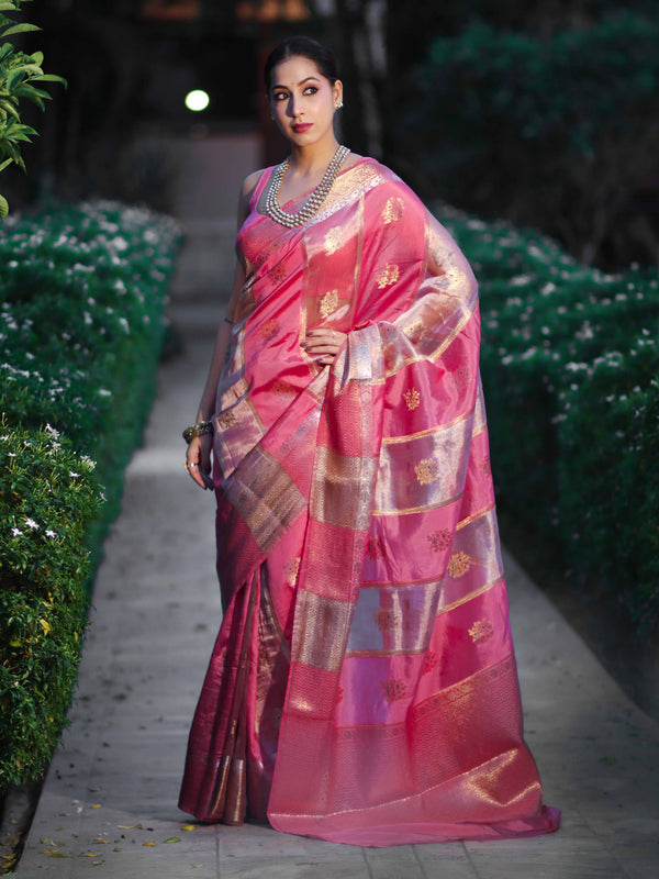 Banarasee Handloom Semi Dupion Silk Saree With Sona Rupa Zari Buti Design & Border-Light Pink
