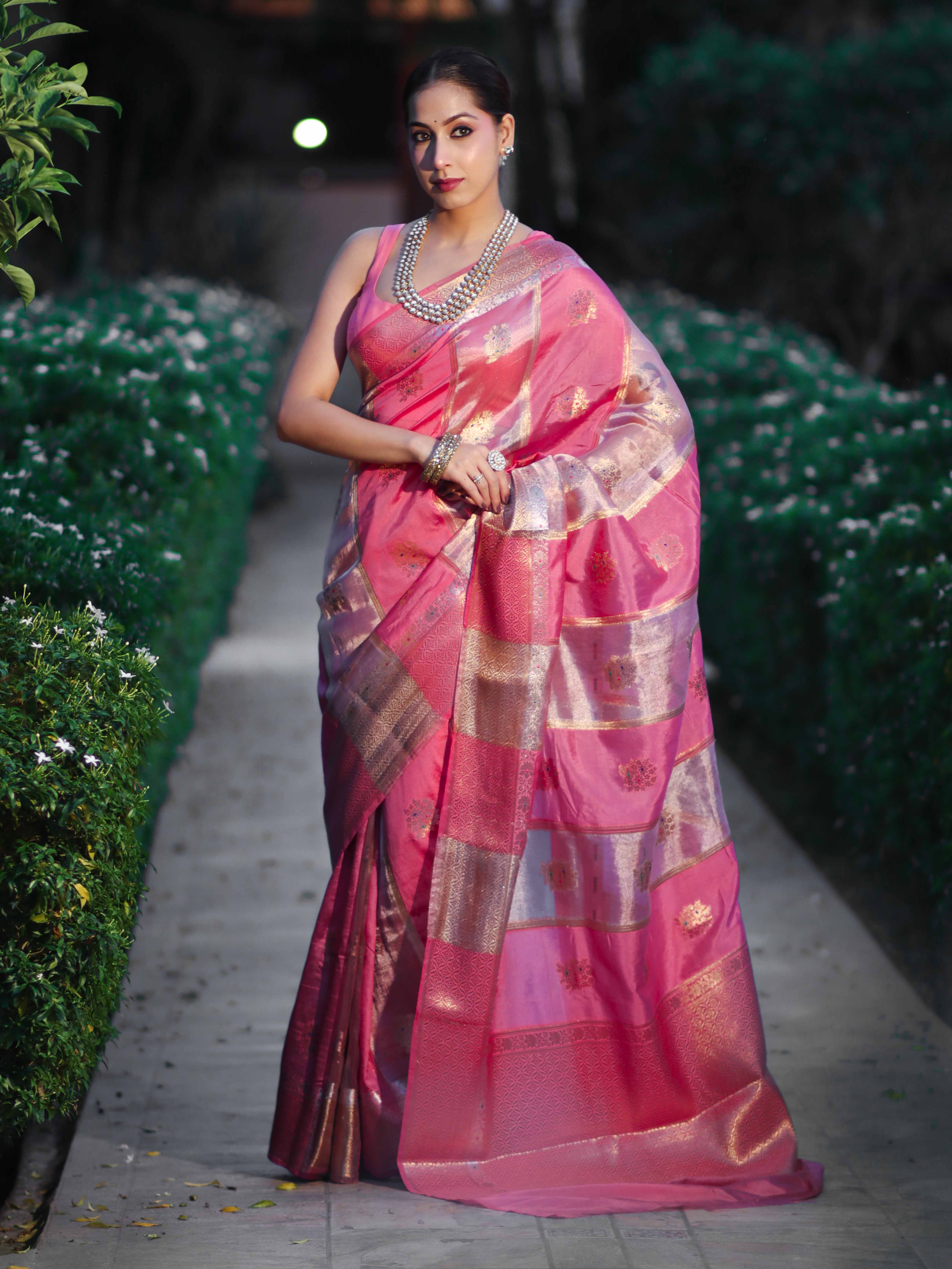 Banarasee Handloom Semi Dupion Silk Saree With Sona Rupa Zari Buti Design & Border-Light Pink