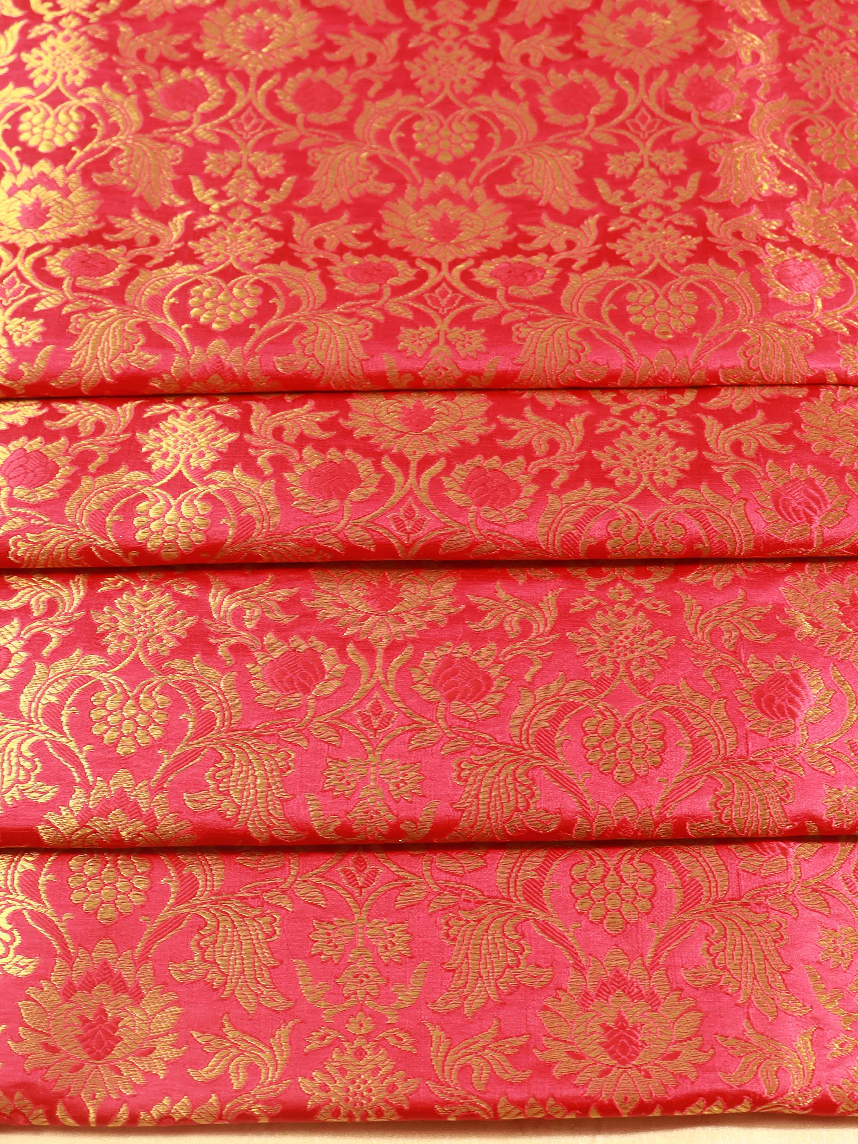 Banarasee Satin Brocade Gold Zari Jaal Design Fabric-Pink