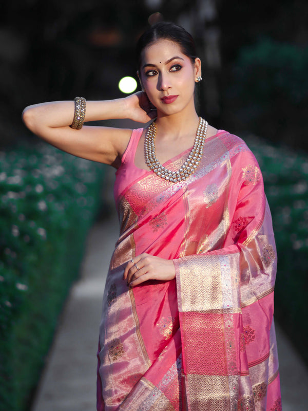 Banarasee Handloom Semi Dupion Silk Saree With Sona Rupa Zari Buti Design & Border-Light Pink