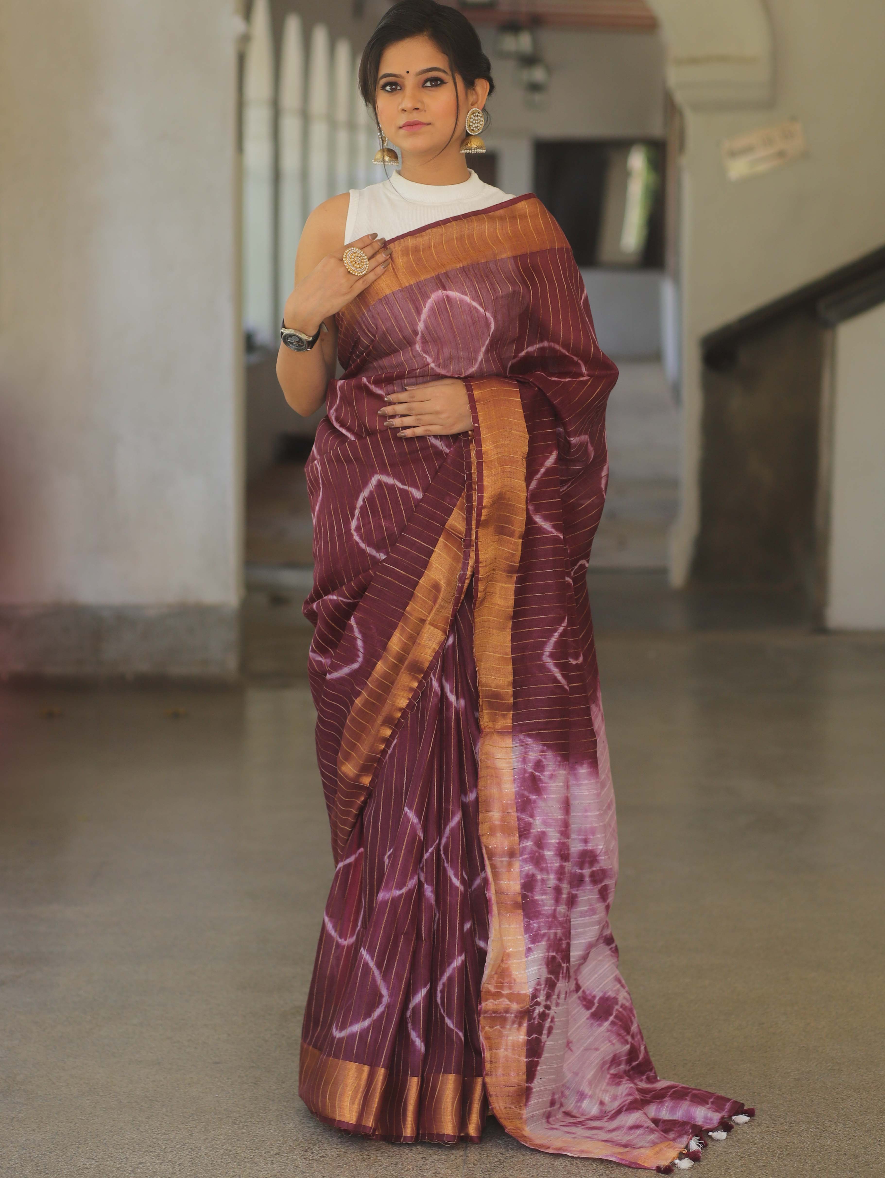 Bhagalpur Cotton Silk Ghichha Work Hand-Dyed Shibori Pattern Saree-Violet & White