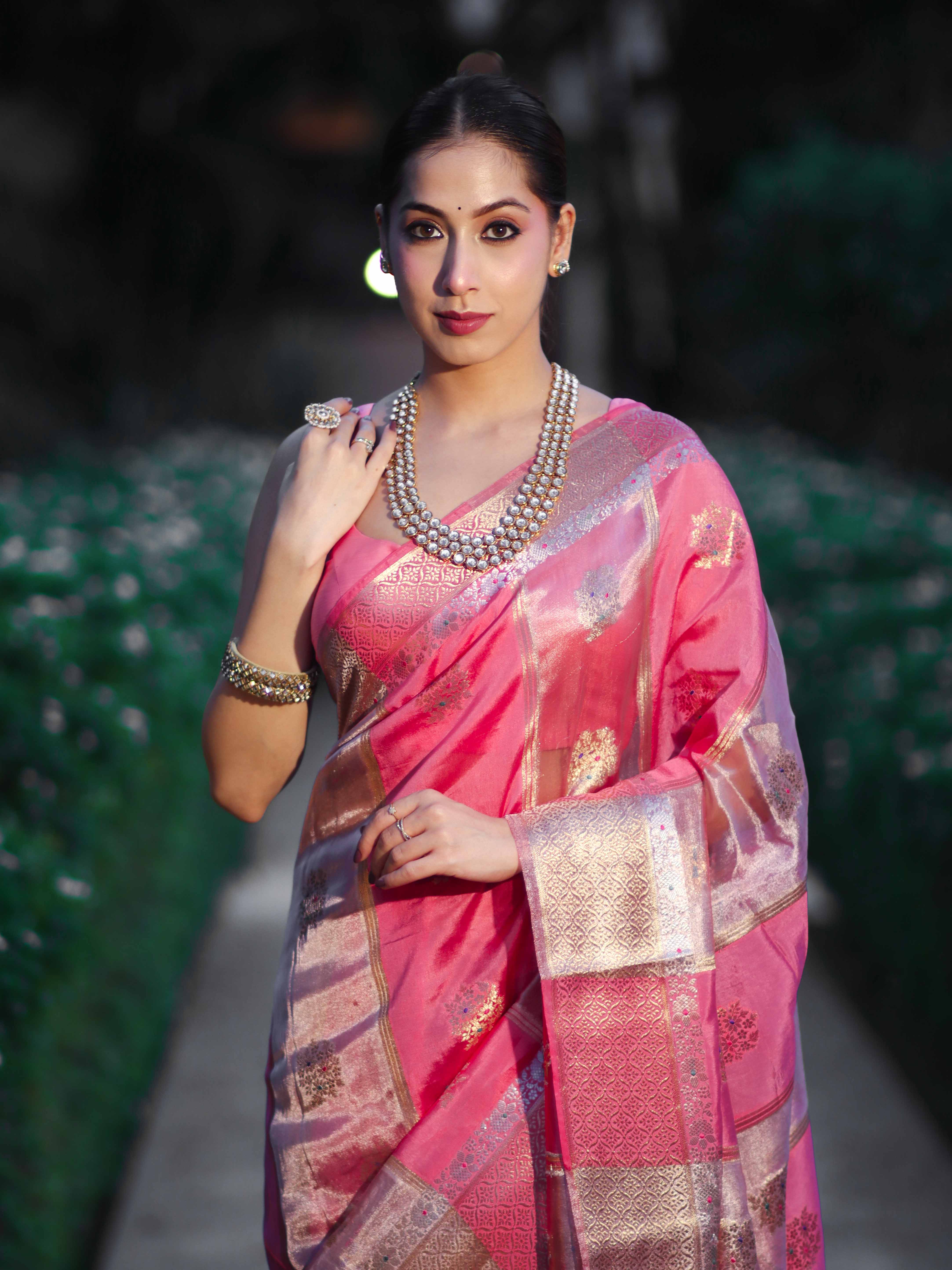 Banarasee Handloom Semi Dupion Silk Saree With Sona Rupa Zari Buti Design & Border-Light Pink