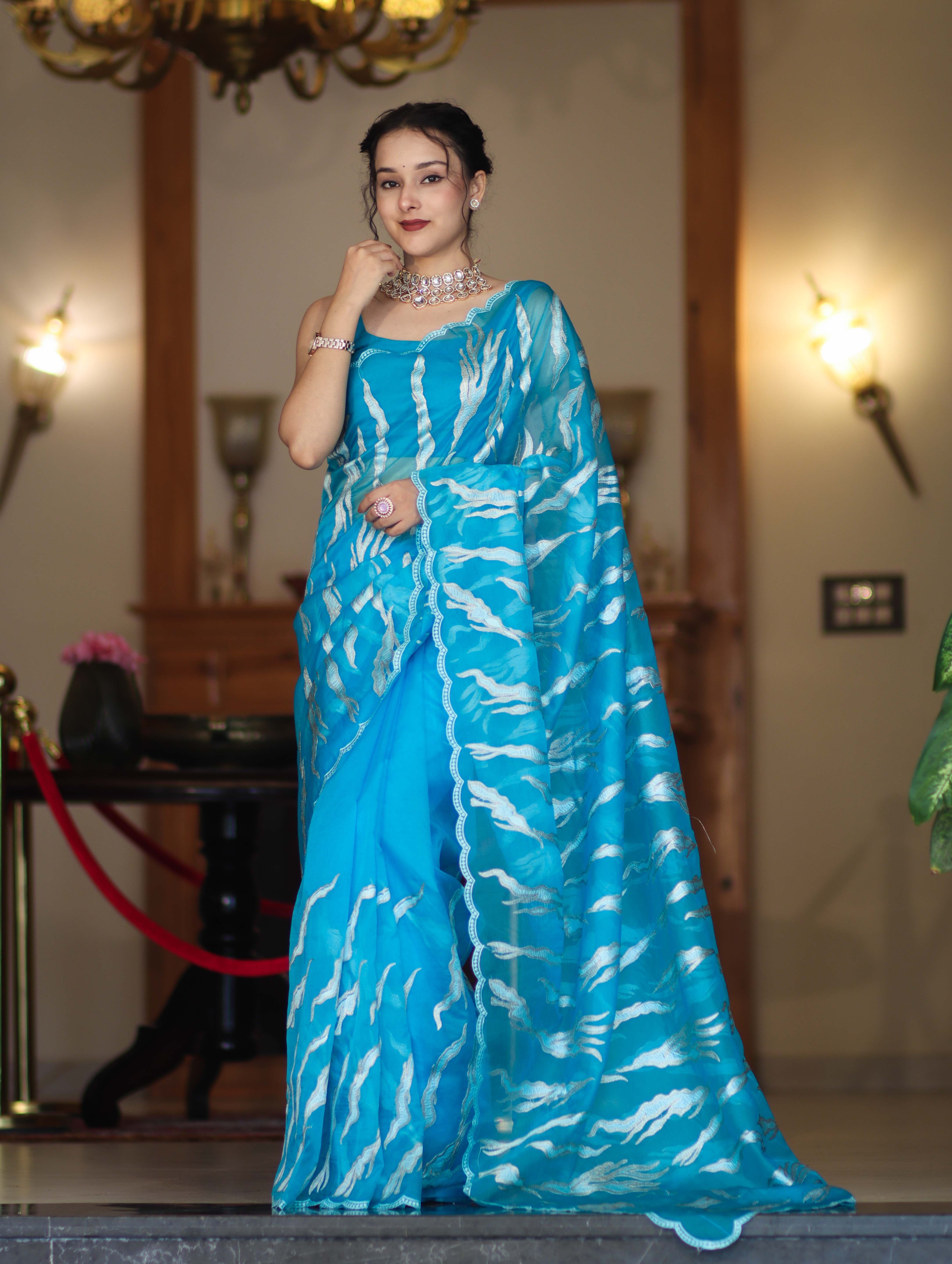 Banarasee Handloom Organza Saree With Resham Zari Work & Scallop Border-Sky Blue