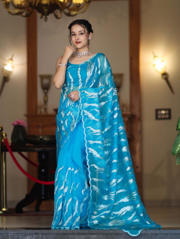 Banarasee Handloom Organza Saree With Resham Zari Work & Scallop Border-Sky Blue