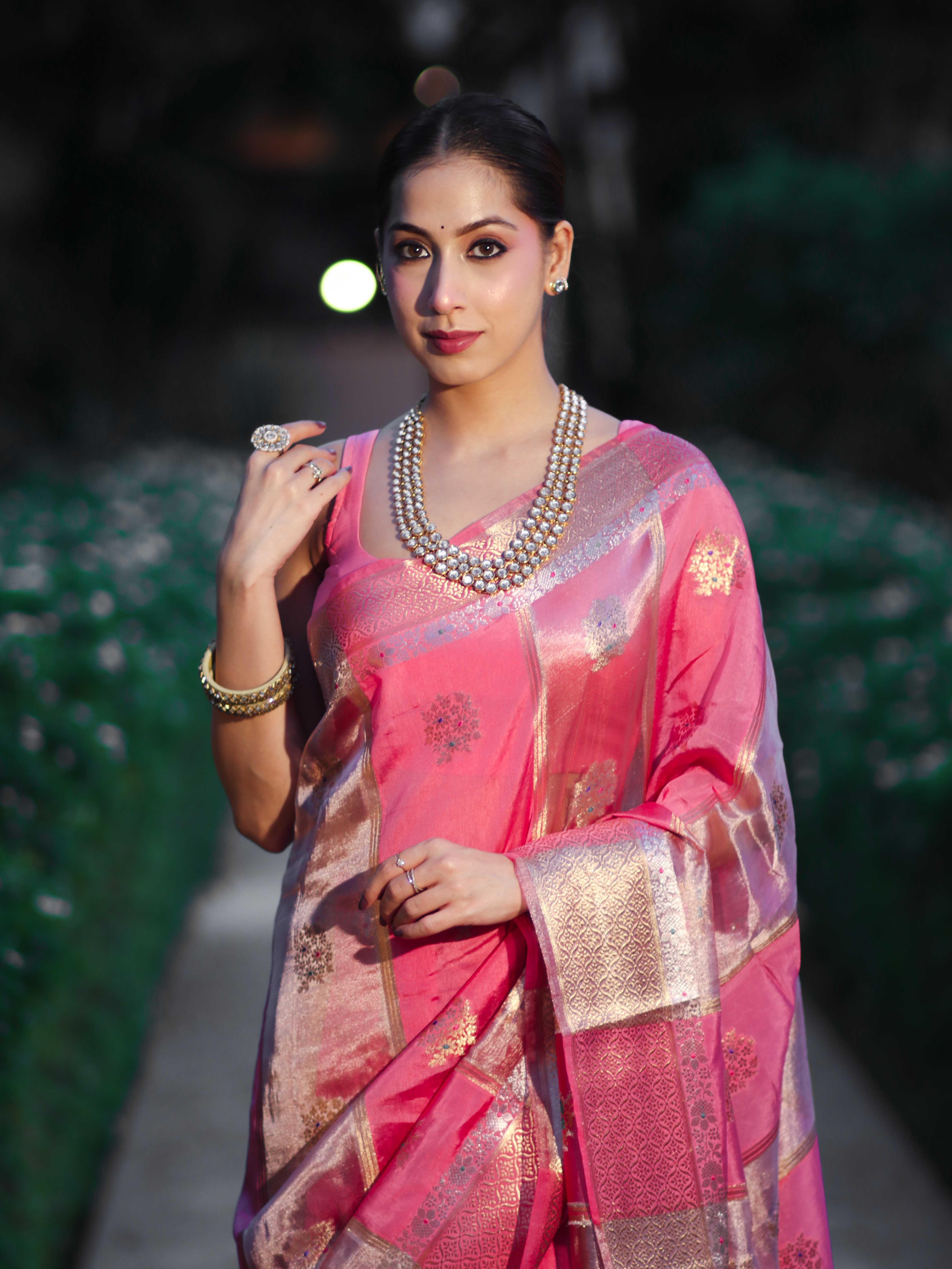 Banarasee Handloom Semi Dupion Silk Saree With Sona Rupa Zari Buti Design & Border-Light Pink