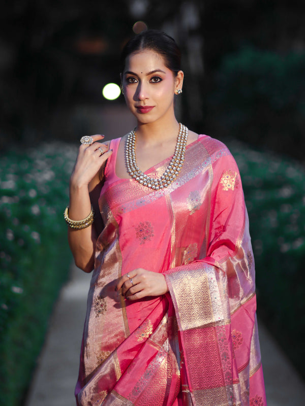 Banarasee Handloom Semi Dupion Silk Saree With Sona Rupa Zari Buti Design & Border-Light Pink