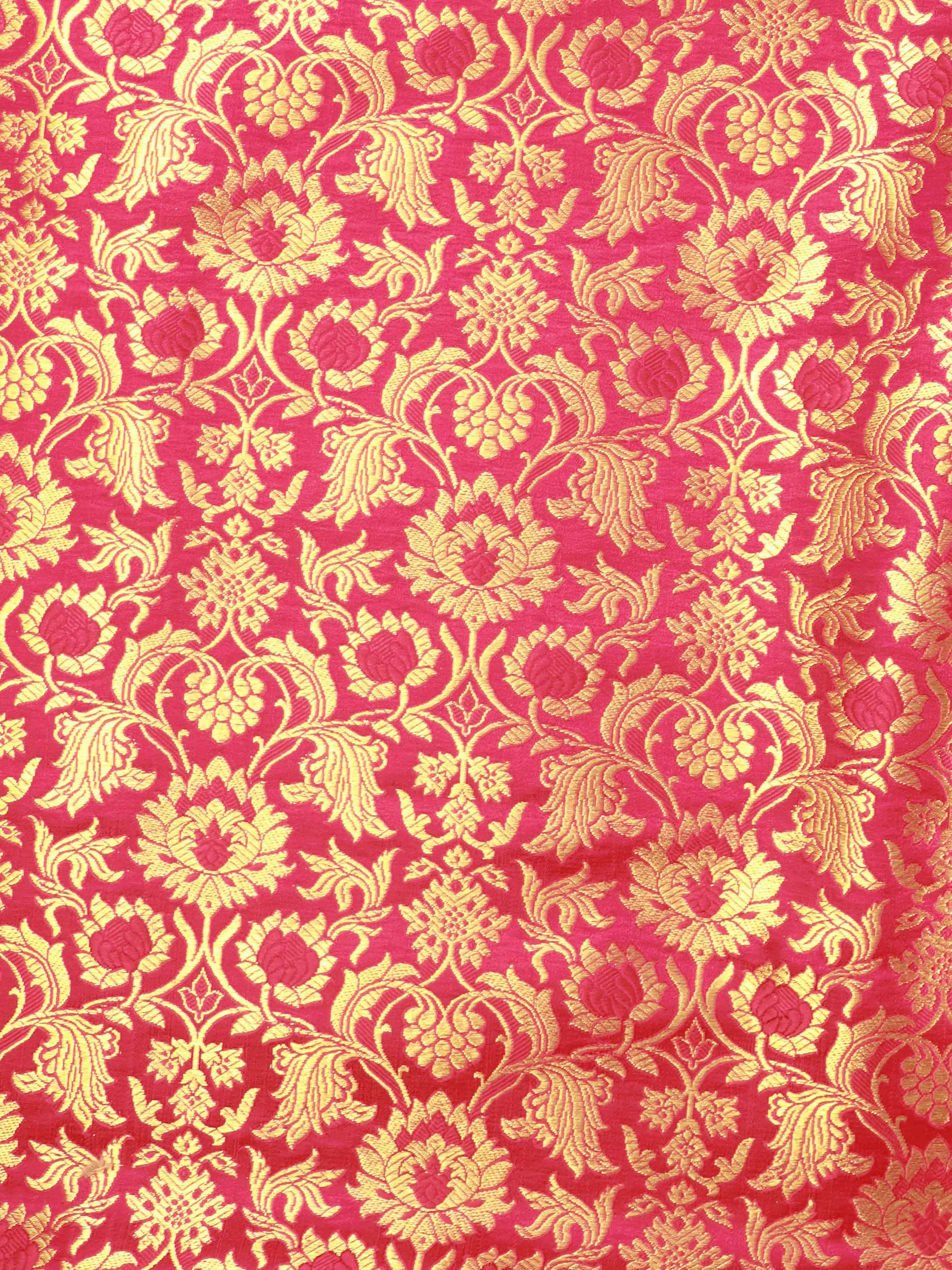 Banarasee Satin Brocade Gold Zari Jaal Design Fabric-Pink