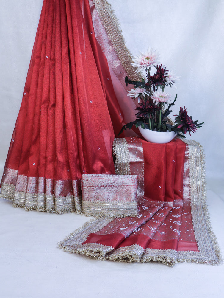 Banarasee Handloom Tissue Saree With Handwoven Pearl Motifs Zari Work & Lace-Red