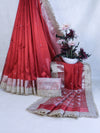Banarasee Handloom Tissue Saree With Handwoven Pearl Motifs Zari Work & Lace-Red