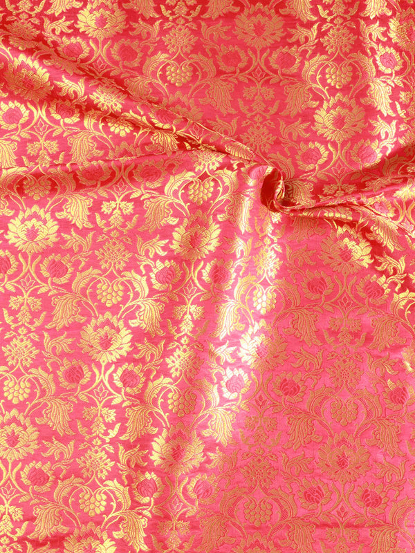 Banarasee Satin Brocade Gold Zari Jaal Design Fabric-Pink