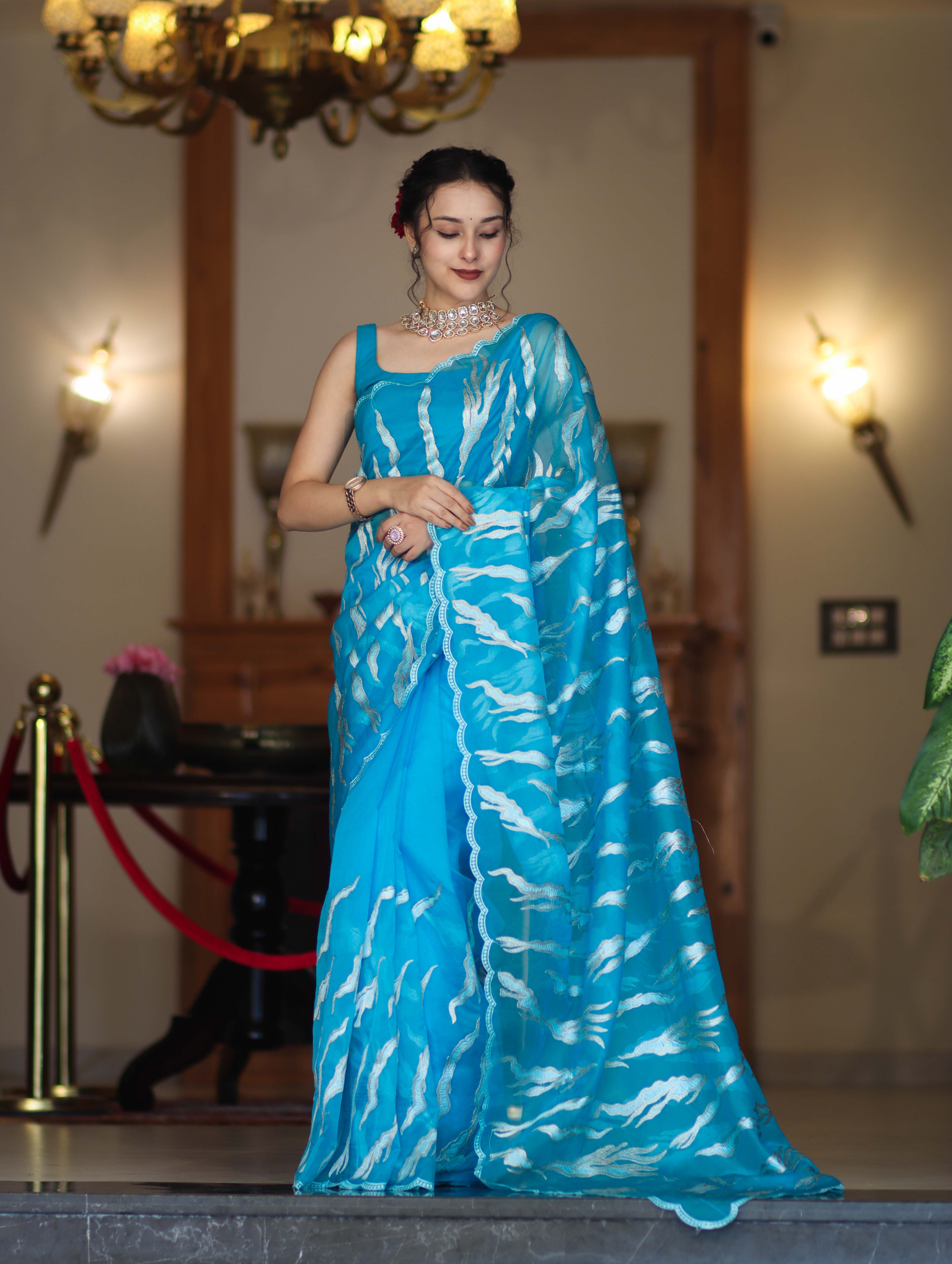 Banarasee Handloom Organza Saree With Resham Zari Work & Scallop Border-Sky Blue