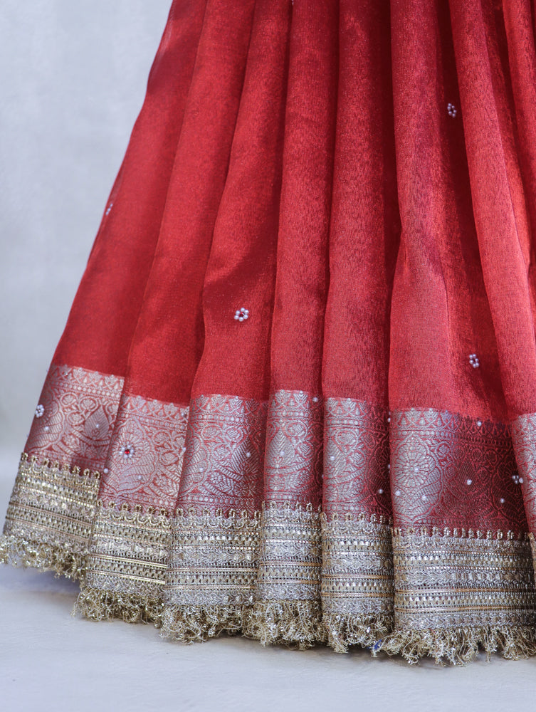 Banarasee Handloom Tissue Saree With Handwoven Pearl Motifs Zari Work & Lace-Red