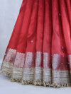 Banarasee Handloom Tissue Saree With Handwoven Pearl Motifs Zari Work & Lace-Red