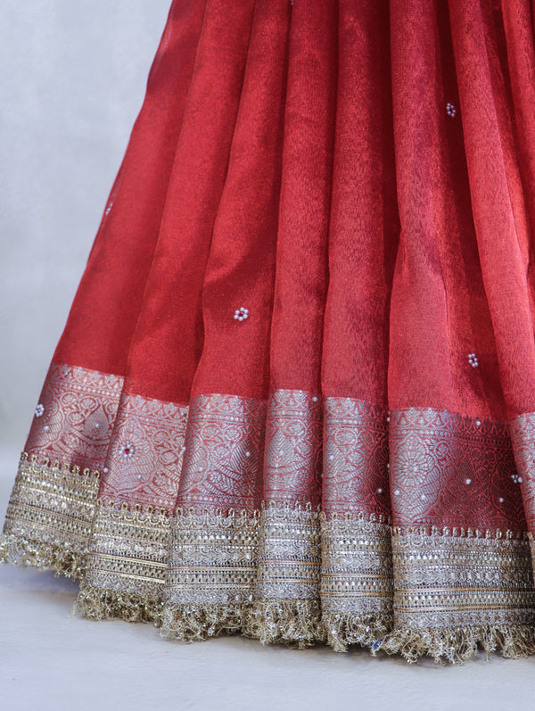 Banarasee Handloom Tissue Saree With Handwoven Pearl Motifs Zari Work & Lace-Red