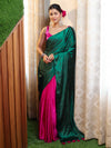 Banarasee Handloom Satin Hand Dyed Saree With Mirror Work-Deep Green & Pink
