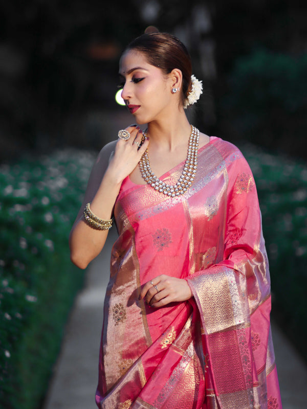 Banarasee Handloom Semi Dupion Silk Saree With Sona Rupa Zari Buti Design & Border-Light Pink