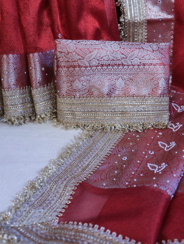 Banarasee Handloom Tissue Saree With Handwoven Pearl Motifs Zari Work & Lace-Red