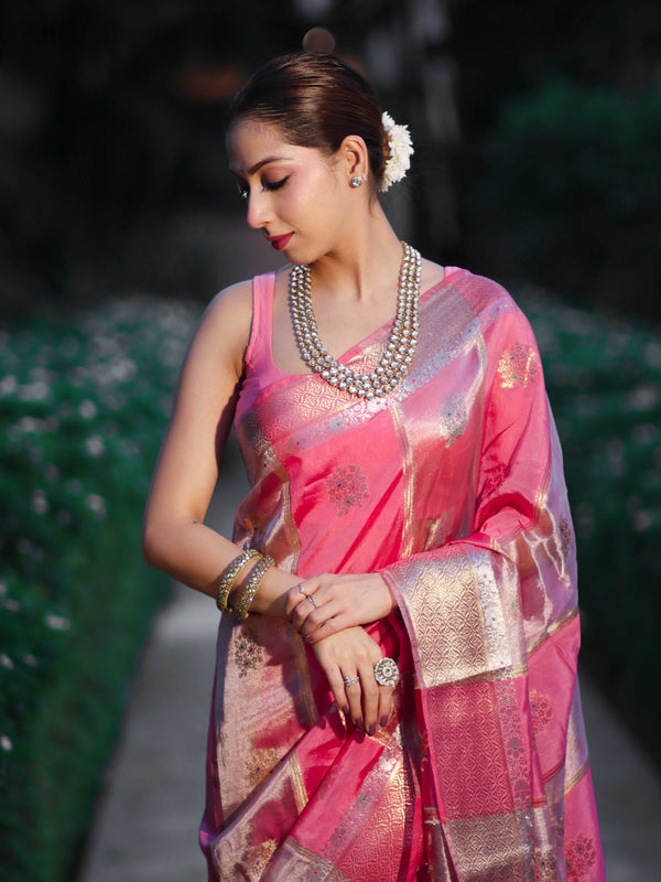 Banarasee Handloom Semi Dupion Silk Saree With Sona Rupa Zari Buti Design & Border-Light Pink