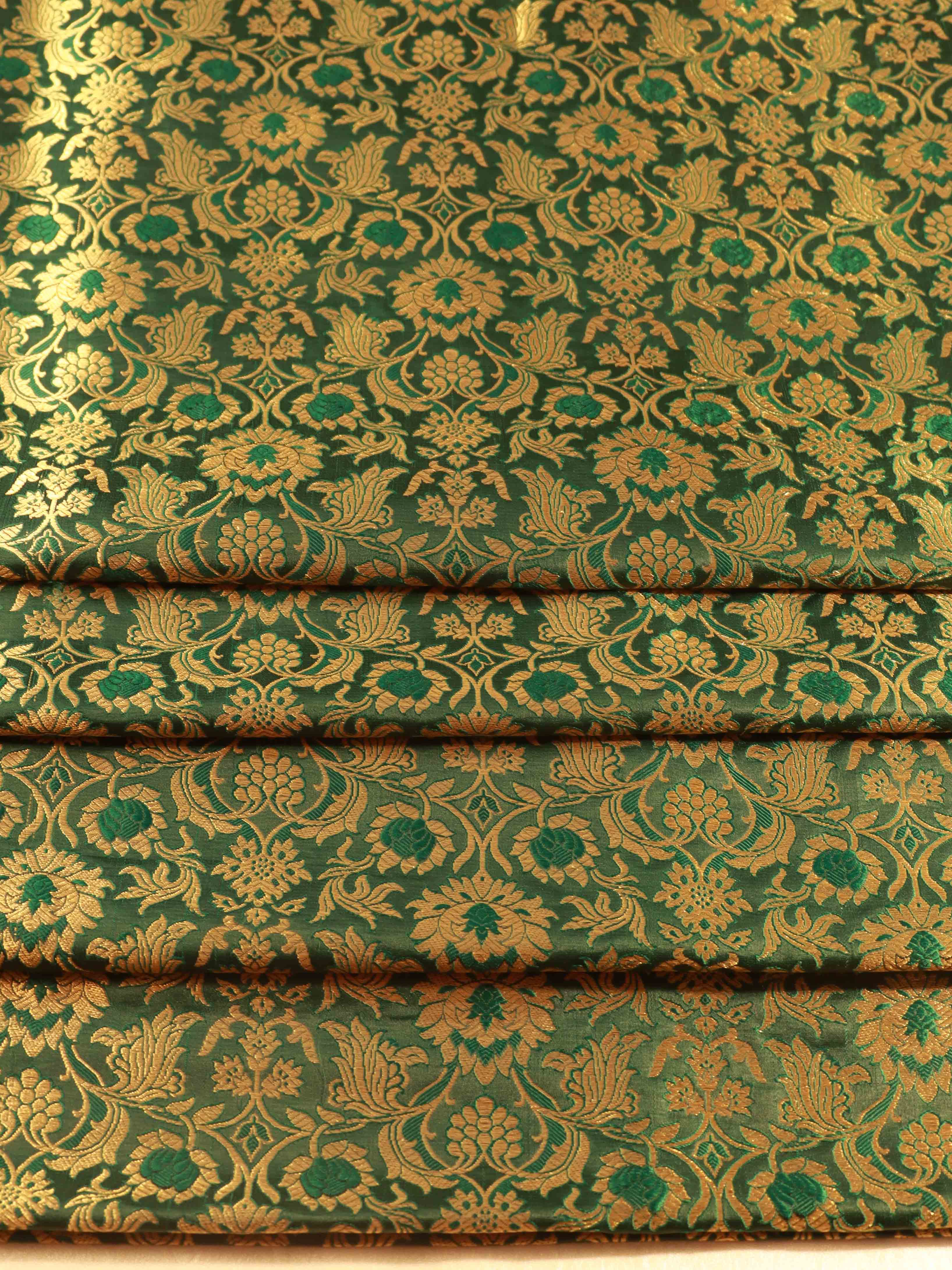 Banarasee Satin Brocade Gold Zari Jaal Design Fabric-Green