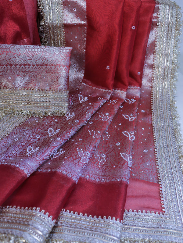 Banarasee Handloom Tissue Saree With Handwoven Pearl Motifs Zari Work & Lace-Red