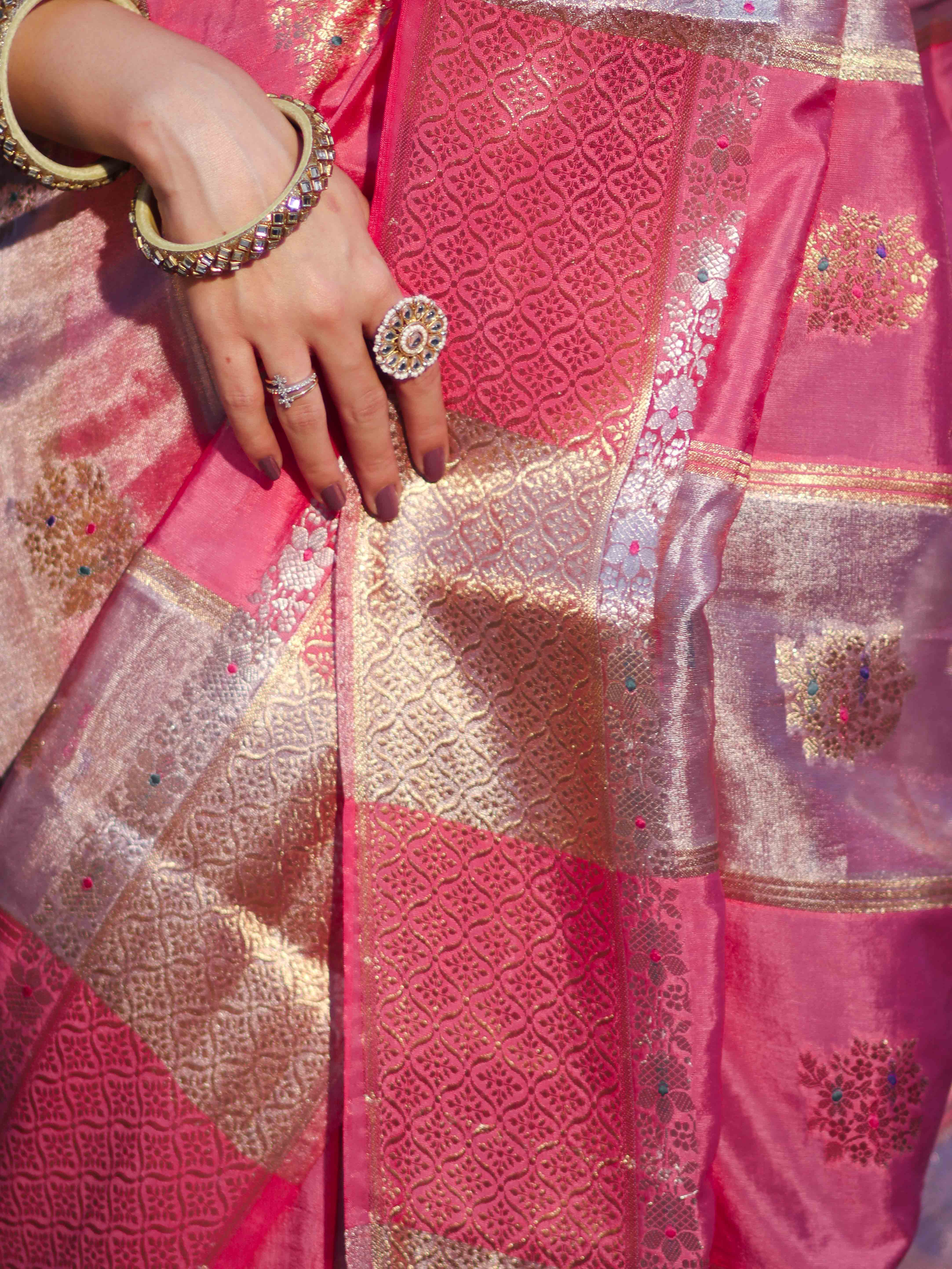 Banarasee Handloom Semi Dupion Silk Saree With Sona Rupa Zari Buti Design & Border-Light Pink