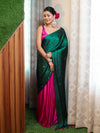 Banarasee Handloom Satin Hand Dyed Saree With Mirror Work-Deep Green & Pink