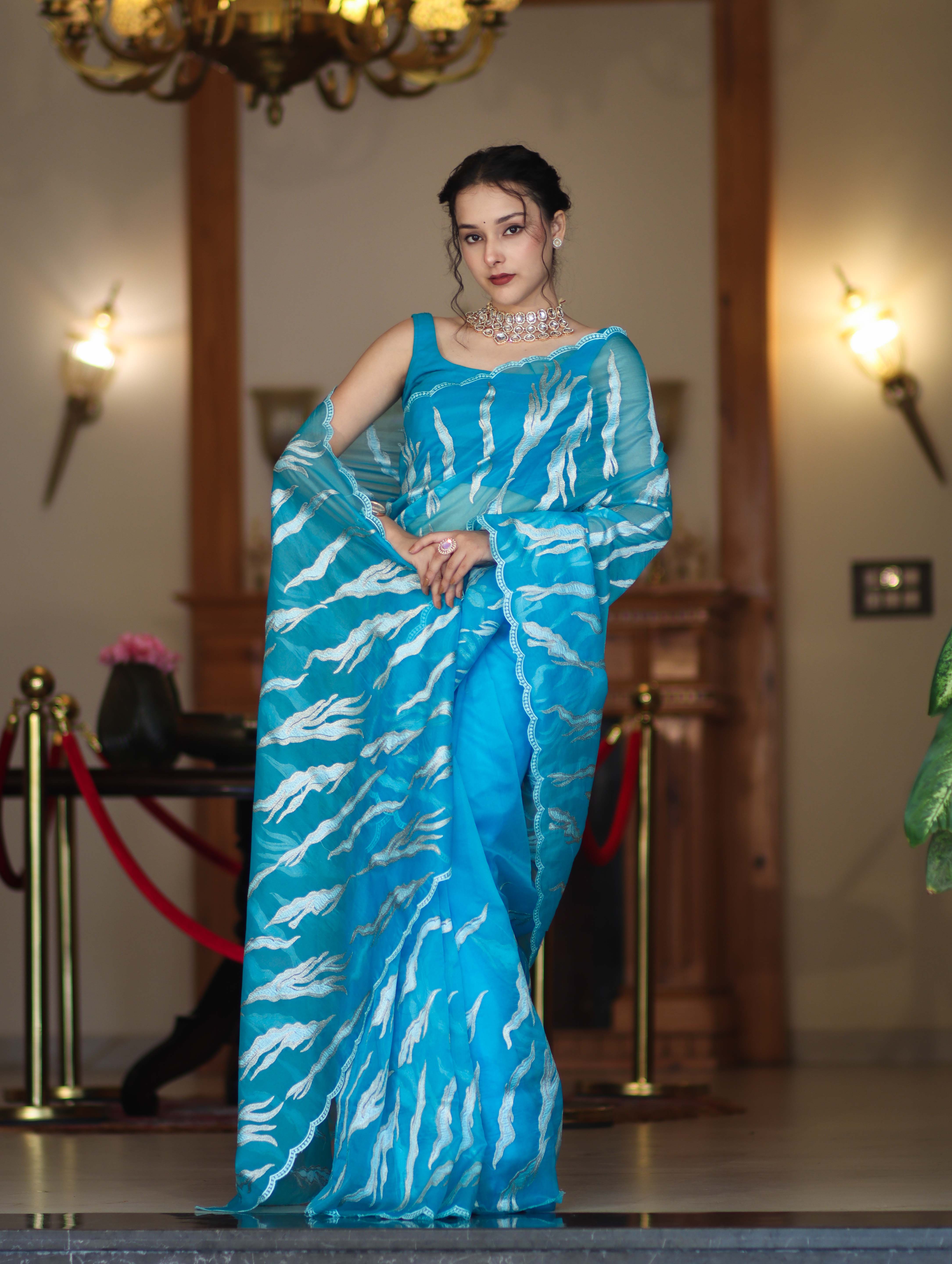 Banarasee Handloom Organza Saree With Resham Zari Work & Scallop Border-Sky Blue