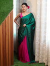 Banarasee Handloom Satin Hand Dyed Saree With Mirror Work-Deep Green & Pink