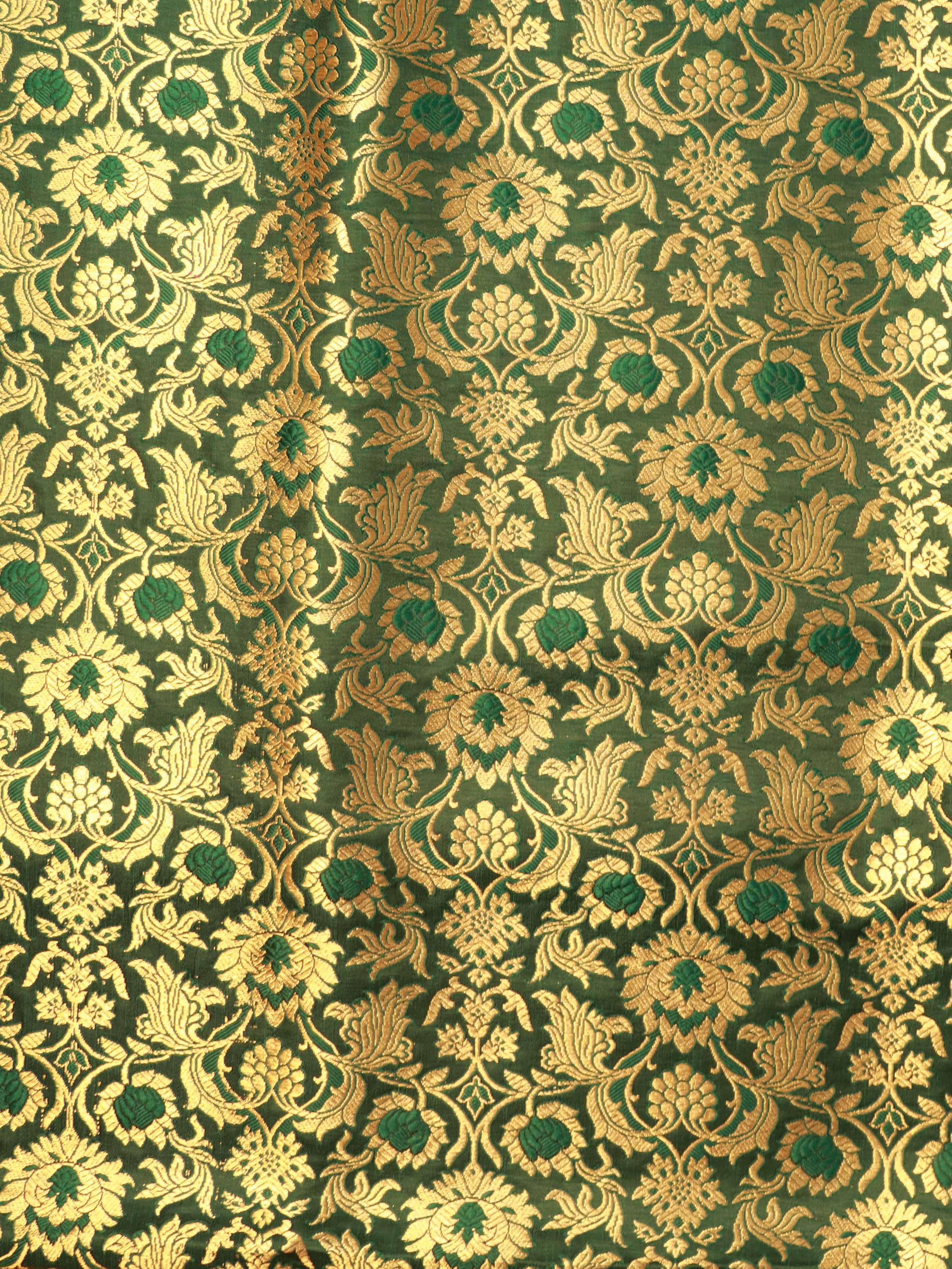 Banarasee Satin Brocade Gold Zari Jaal Design Fabric-Green