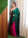 Banarasee Handloom Satin Hand Dyed Saree With Mirror Work-Deep Green & Pink