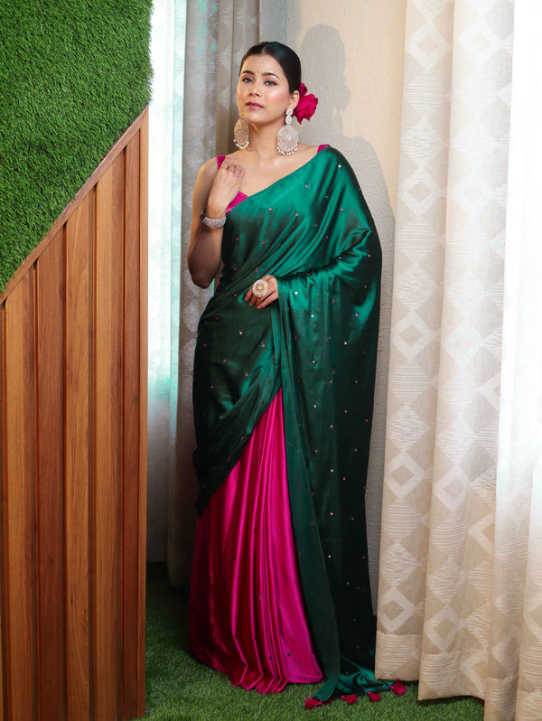 Banarasee Handloom Satin Hand Dyed Saree With Mirror Work-Deep Green & Pink