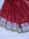 Banarasee Handloom Tissue Saree With Handwoven Pearl Motifs Zari Work & Lace-Red